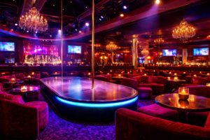 Elegant Las Vegas strip club interior featuring stage seating and upscale nightlife ambiance
