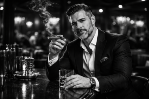 Well-dressed man in a suit smoking a cigar at a bar in a black and white upscale club setting in Las Vegas