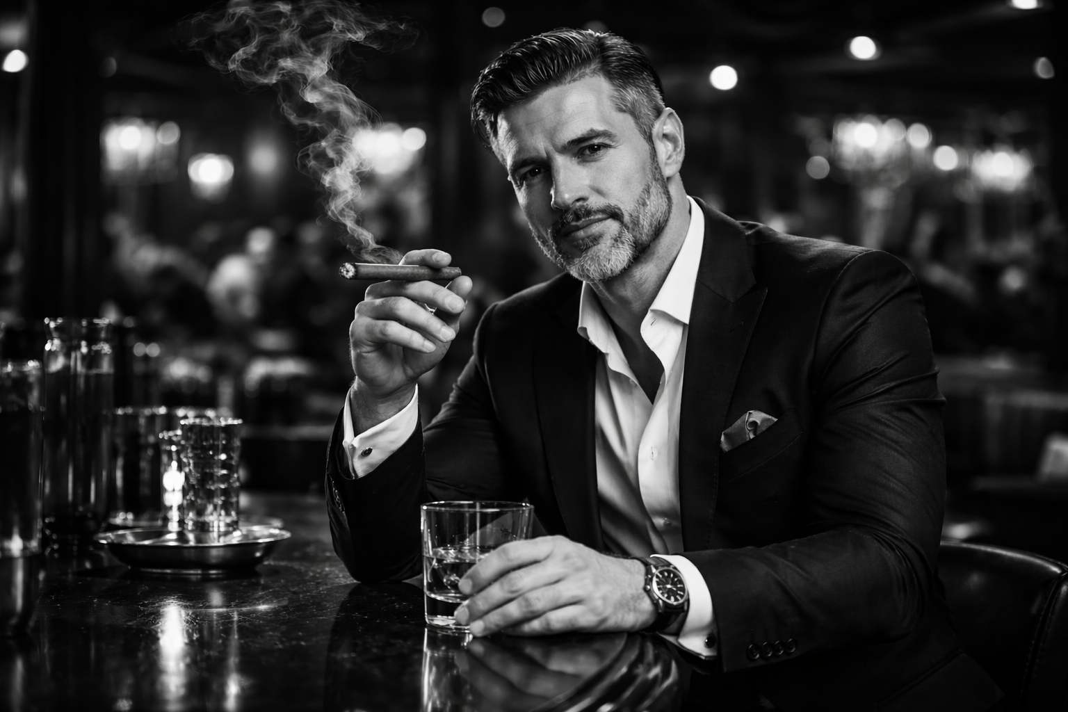 Well-dressed man in a suit smoking a cigar at a bar in a black and white upscale club setting in Las Vegas